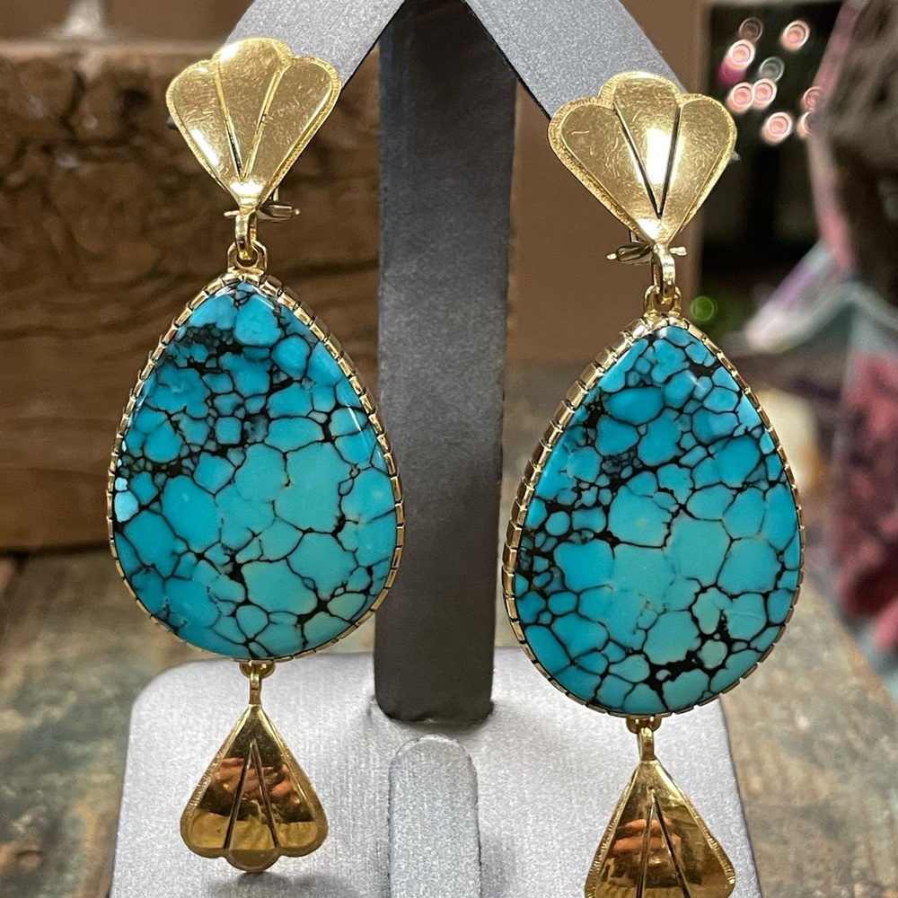 Designer Solid 18K Yellow Gold Turquoise Lever Back Earrings 42.8 Grams